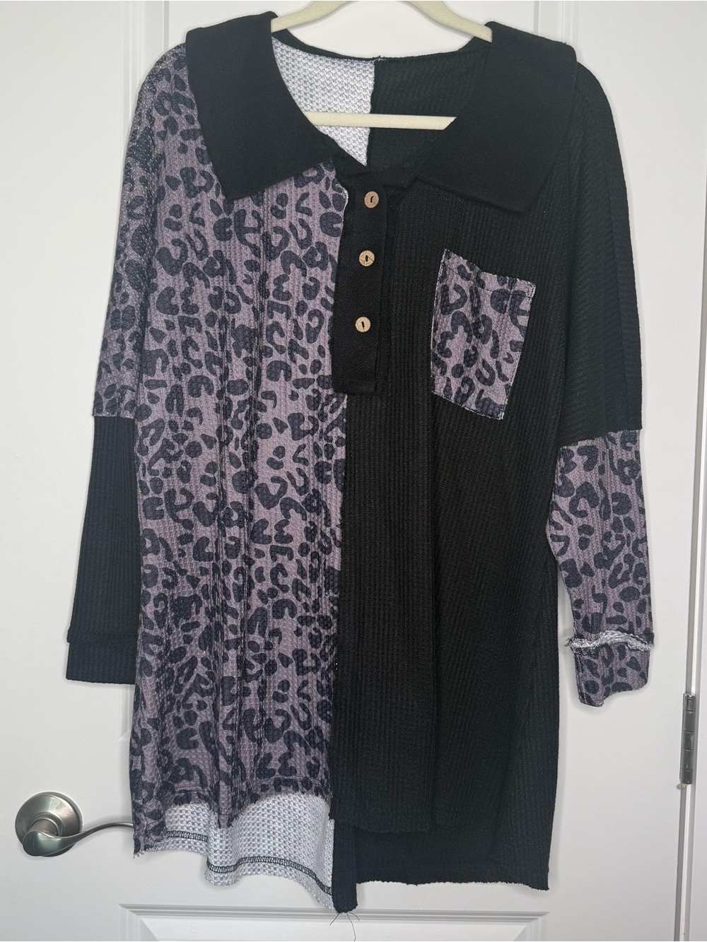 Waffle Knit Two-Tone Leopard Tunic - Black and grey